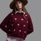 Damen Pullover burgunderrot mit gestreiften Herzen