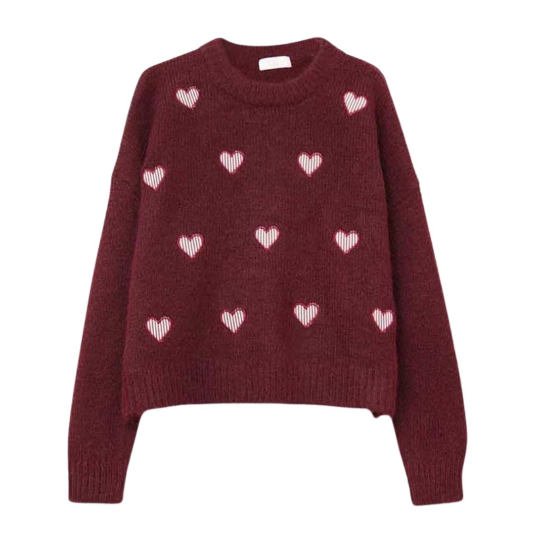 Damen Pullover burgunderrot mit gestreiften Herzen