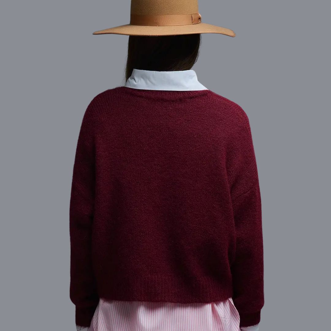 Damen Pullover burgunderrot mit gestreiften Herzen