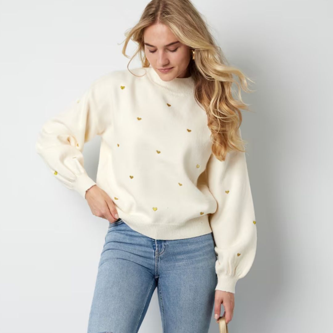 Damen Pullover 'Hearts' ecru/gold