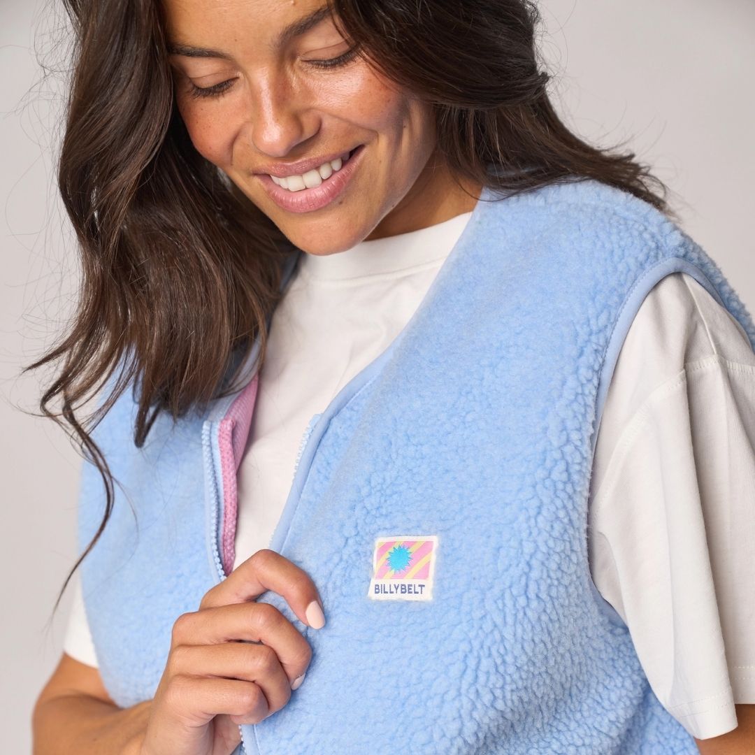 Damen Weste aus Sherpa-Fleece mit Reißverschluss, ärmellos – hellblau