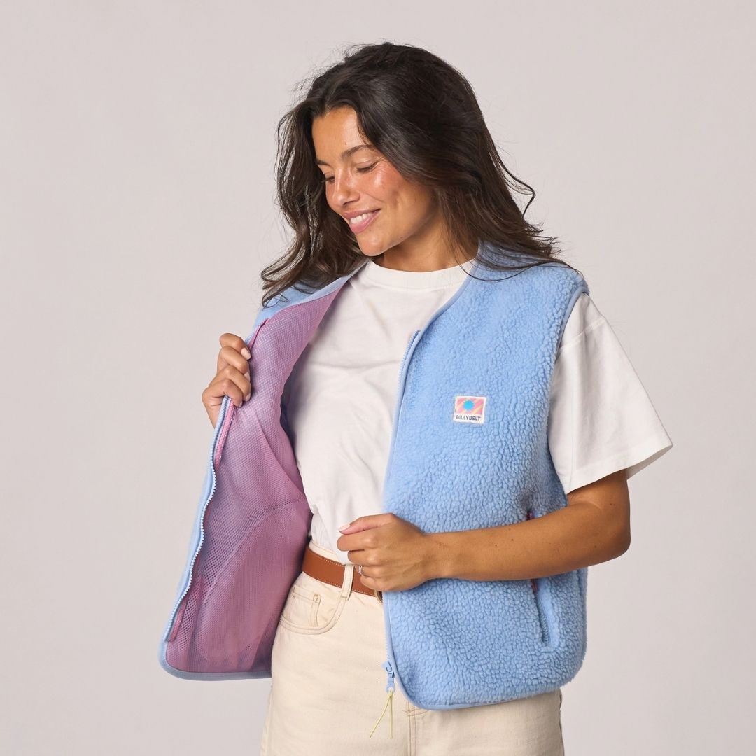 Damen Weste aus Sherpa-Fleece mit Reißverschluss, ärmellos – hellblau