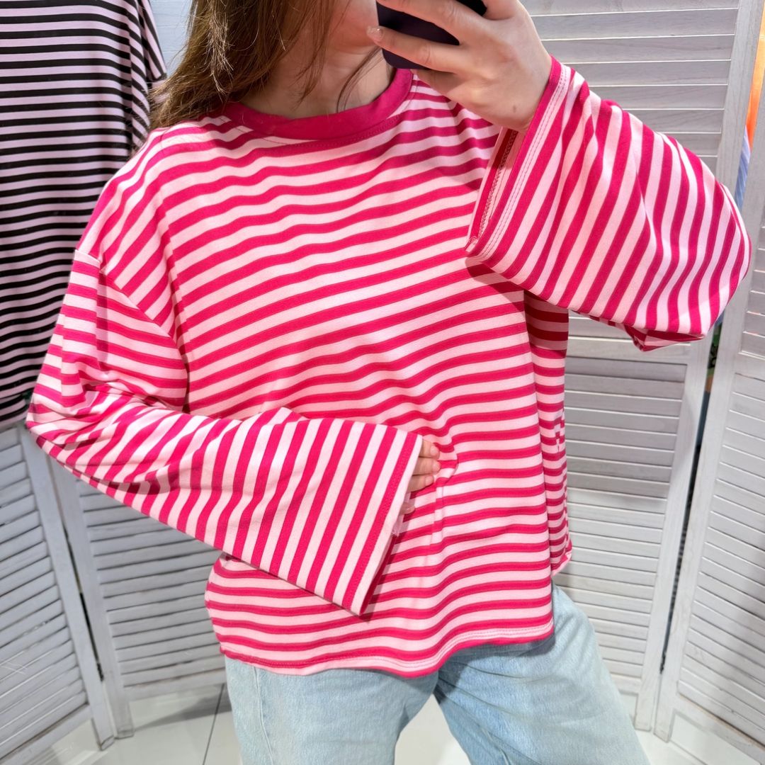 Damen T-Shirt LS gestreift rosa/fuchsia
