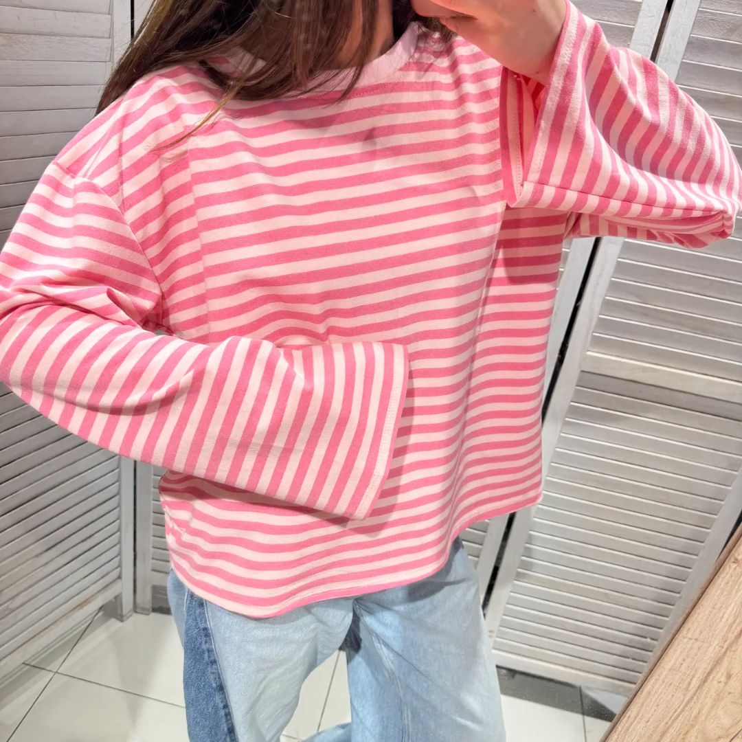 Damen T-Shirt LS 'Iconic' gestreift rosa/ecru/rosa
