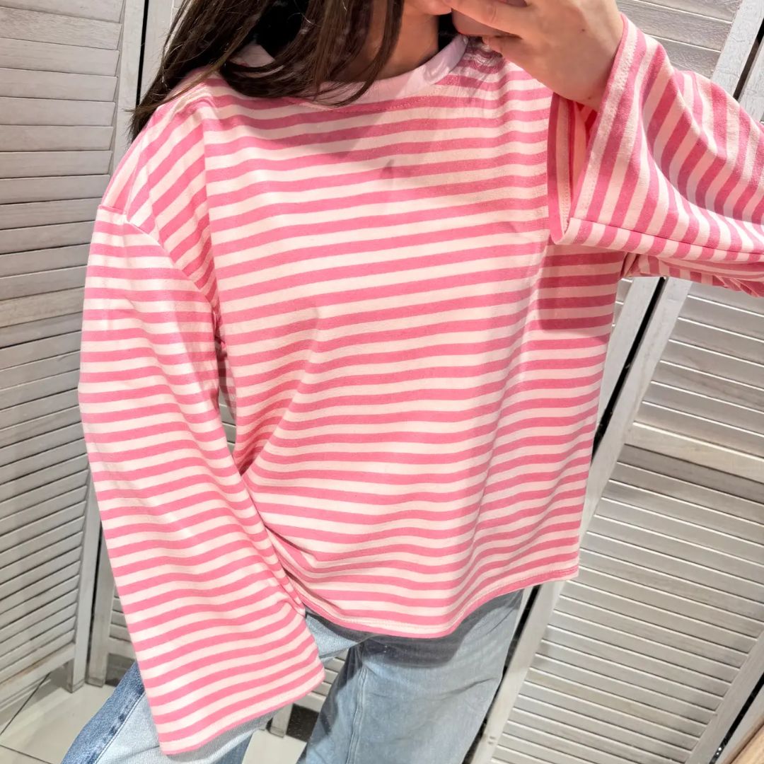 Damen T-Shirt LS 'Iconic' gestreift rosa/ecru/rosa