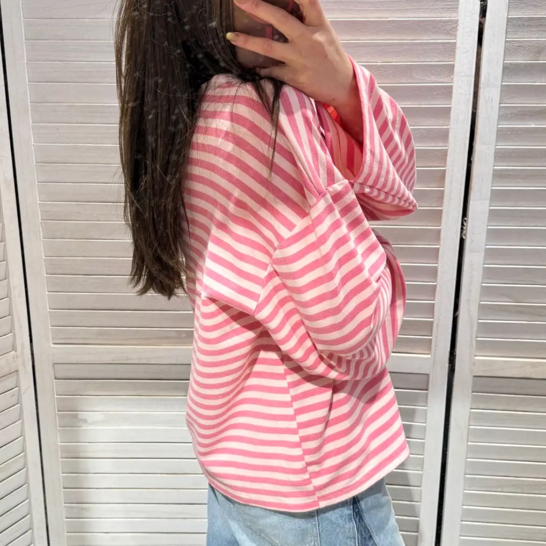 Damen T-Shirt LS 'Iconic' gestreift rosa/ecru/rosa