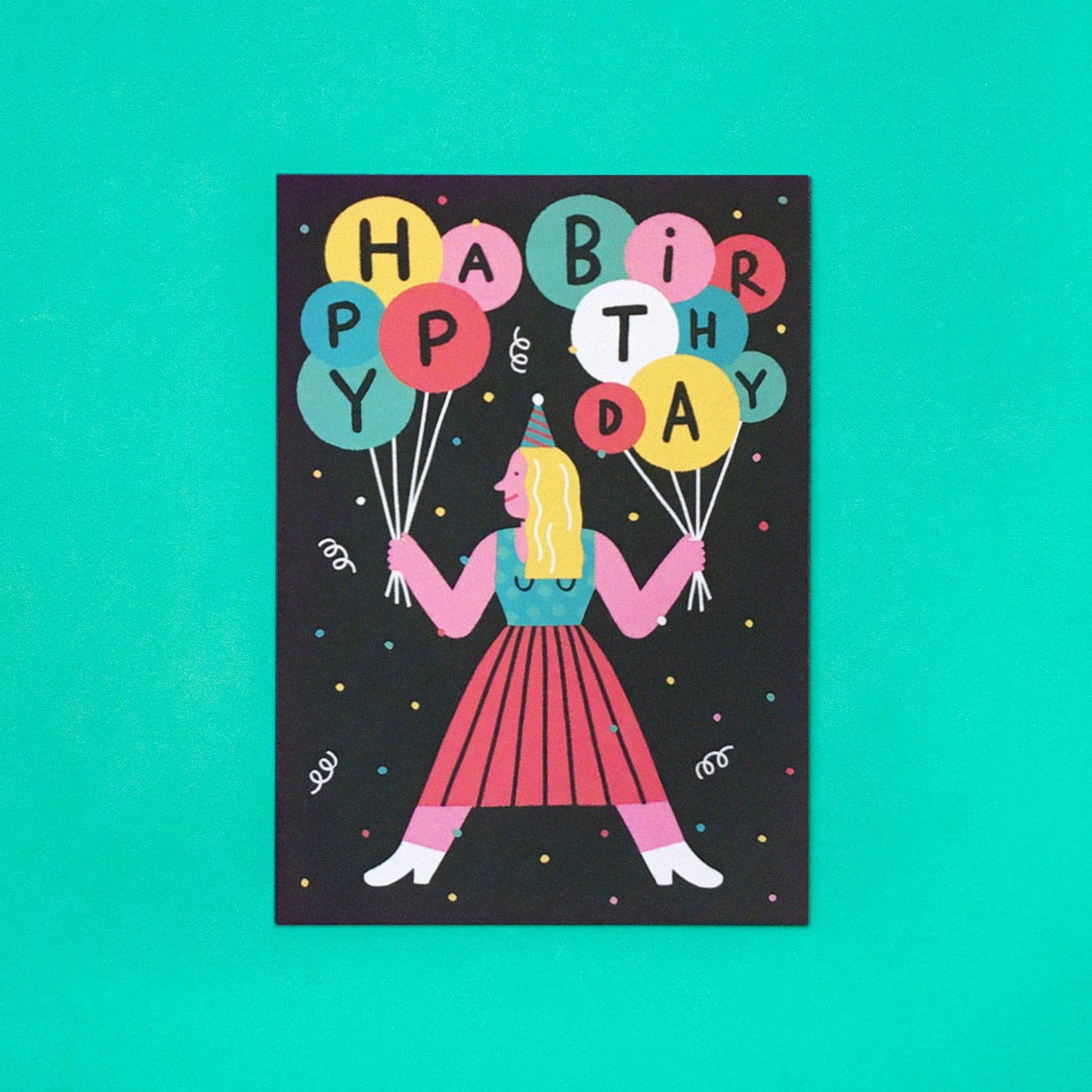 A6 Postkarte 'Happy Birthday Mädchen mit Luftballons'