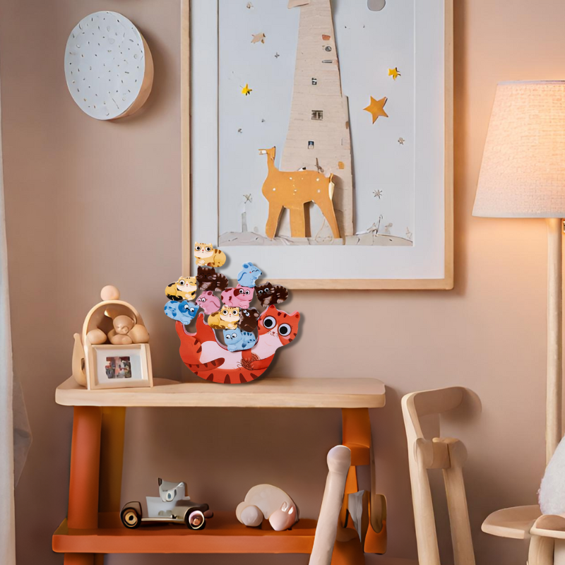 Holzstapel-Katzen-Balance-Spiel