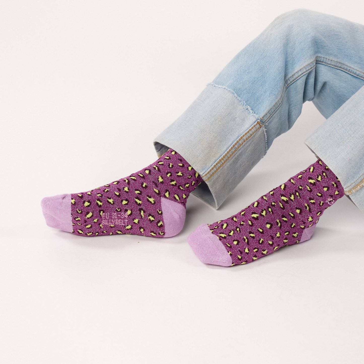 Mädchensocken mit Leopardenmuster violett und gelb