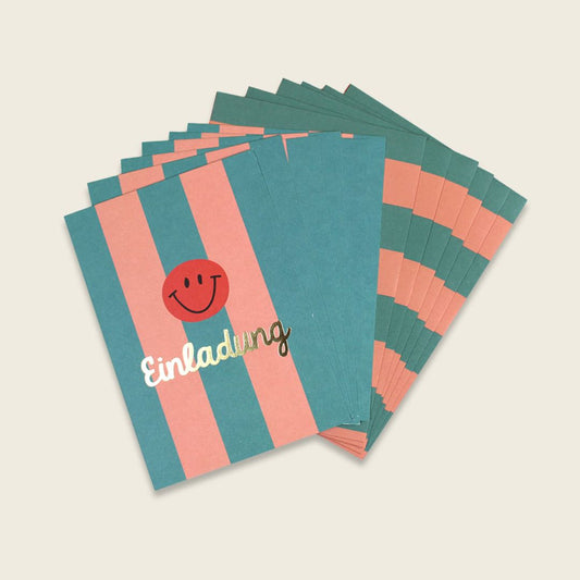 Einladungskarten-Set mit Goldfolie – Stripes türkis/lachs/korall