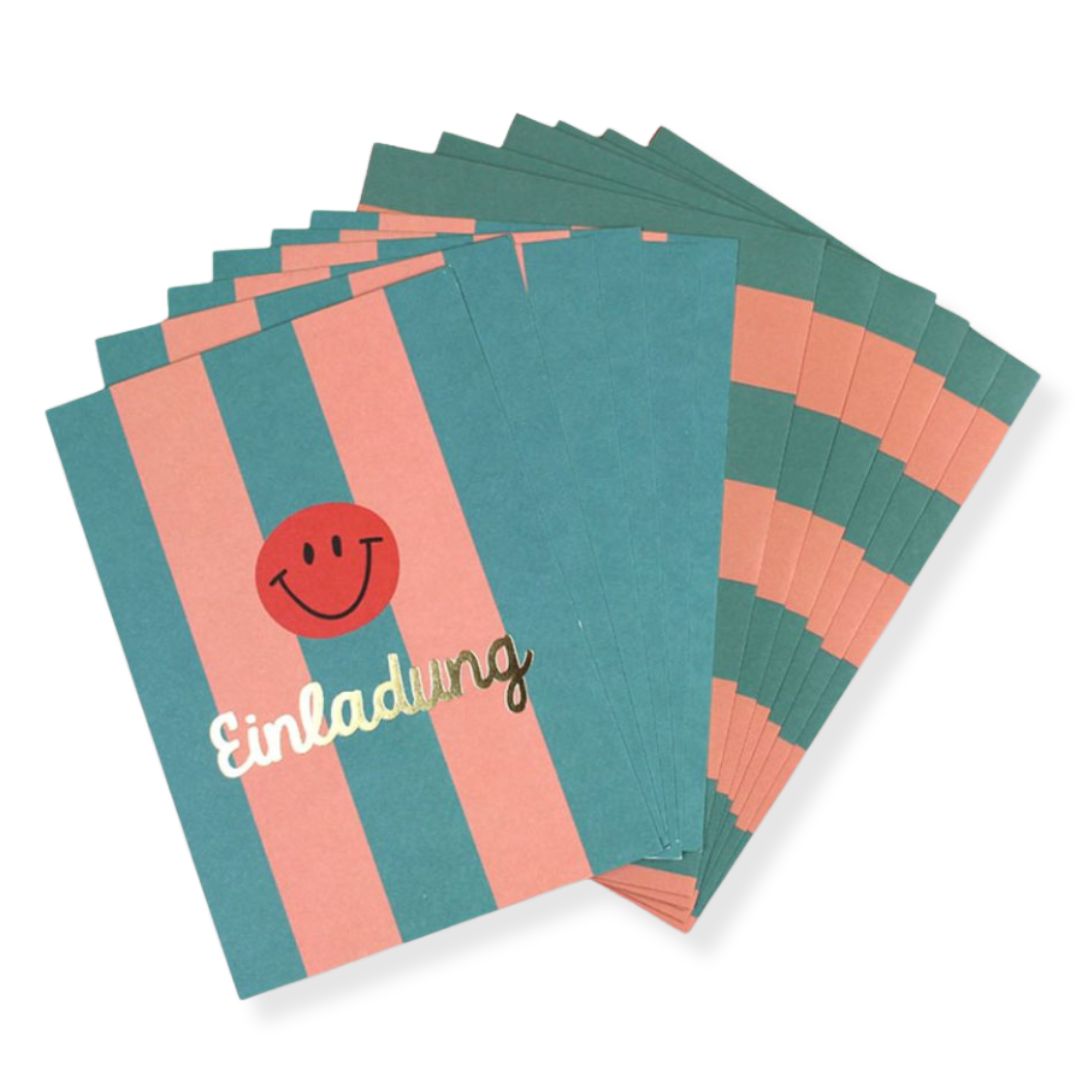 Einladungskarten-Set mit Goldfolie – Stripes türkis/lachs/korall
