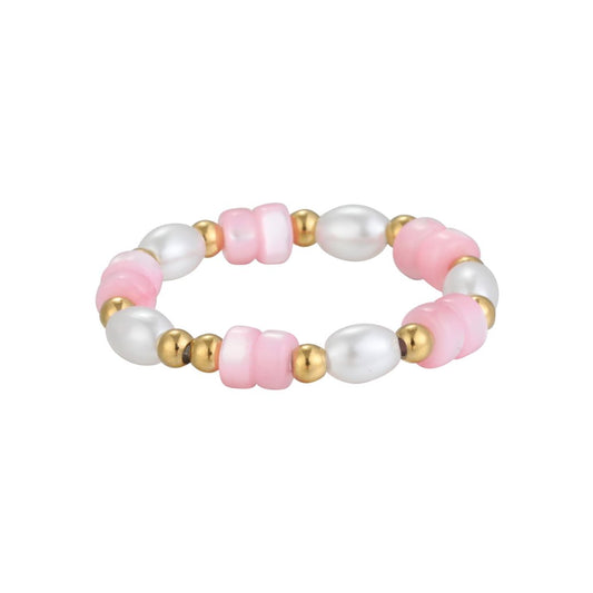 Elastischer Buntglas Perlenring rosa/weiß/gold