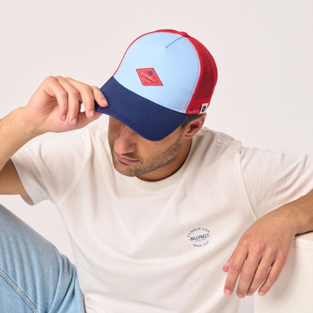 Erwachsenen Trucker-Cap aus Baumwolle blau/rot