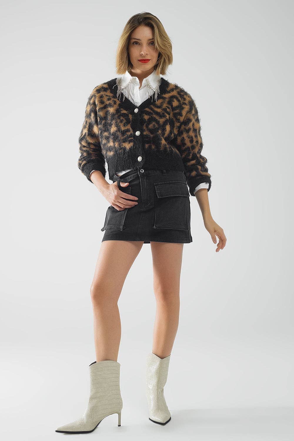 Leopardenmuster Strickjacke aus Wollstrick in Camel
