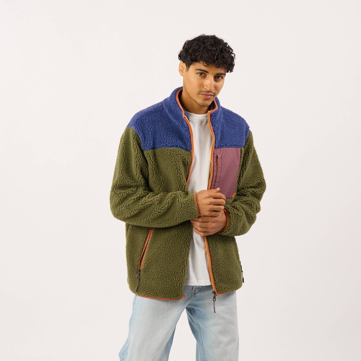 Unisex Sherpa-Jacke mit Reißverschluss blau und khaki
