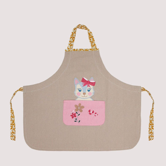 Kinderschürze Katze beige personalisierbar