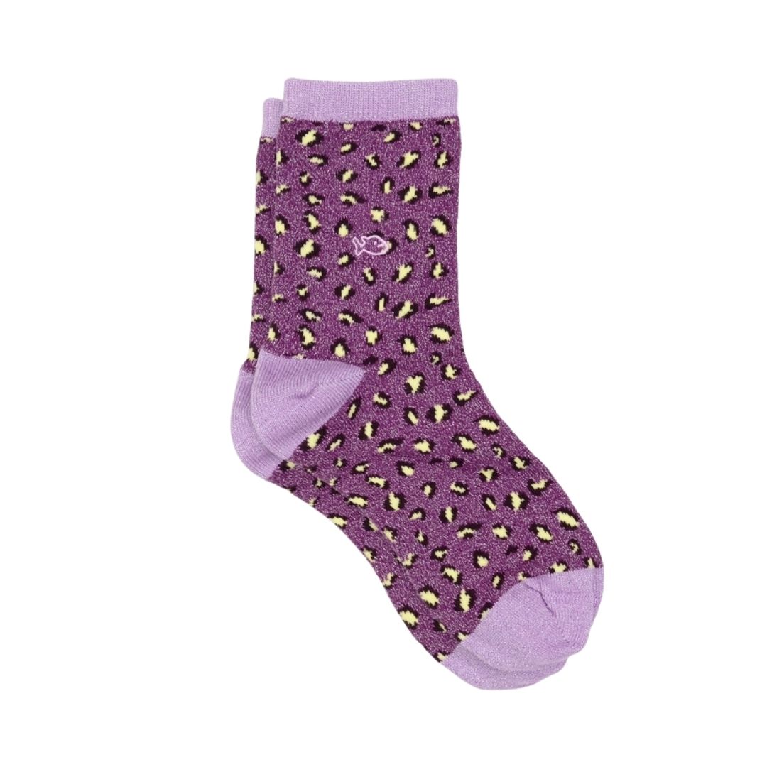 Mädchensocken mit Leopardenmuster violett und gelb