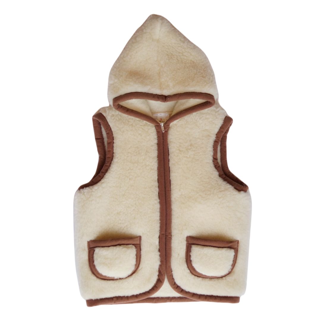 Kinder Weste aus Merinowolle mit Kapuze beige