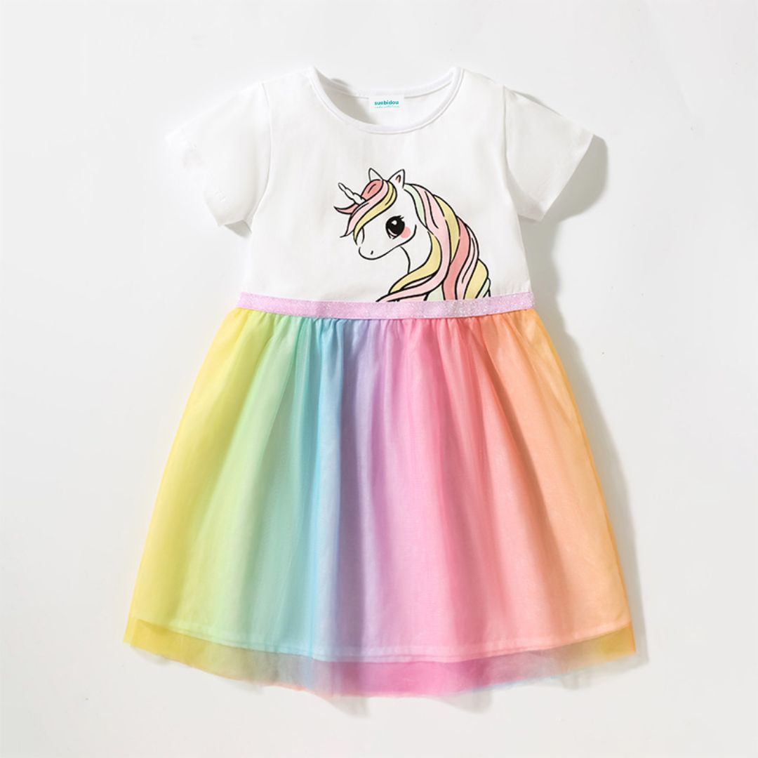 Kurzarm Kleid mit Regenbogentüll 'Einhorn'