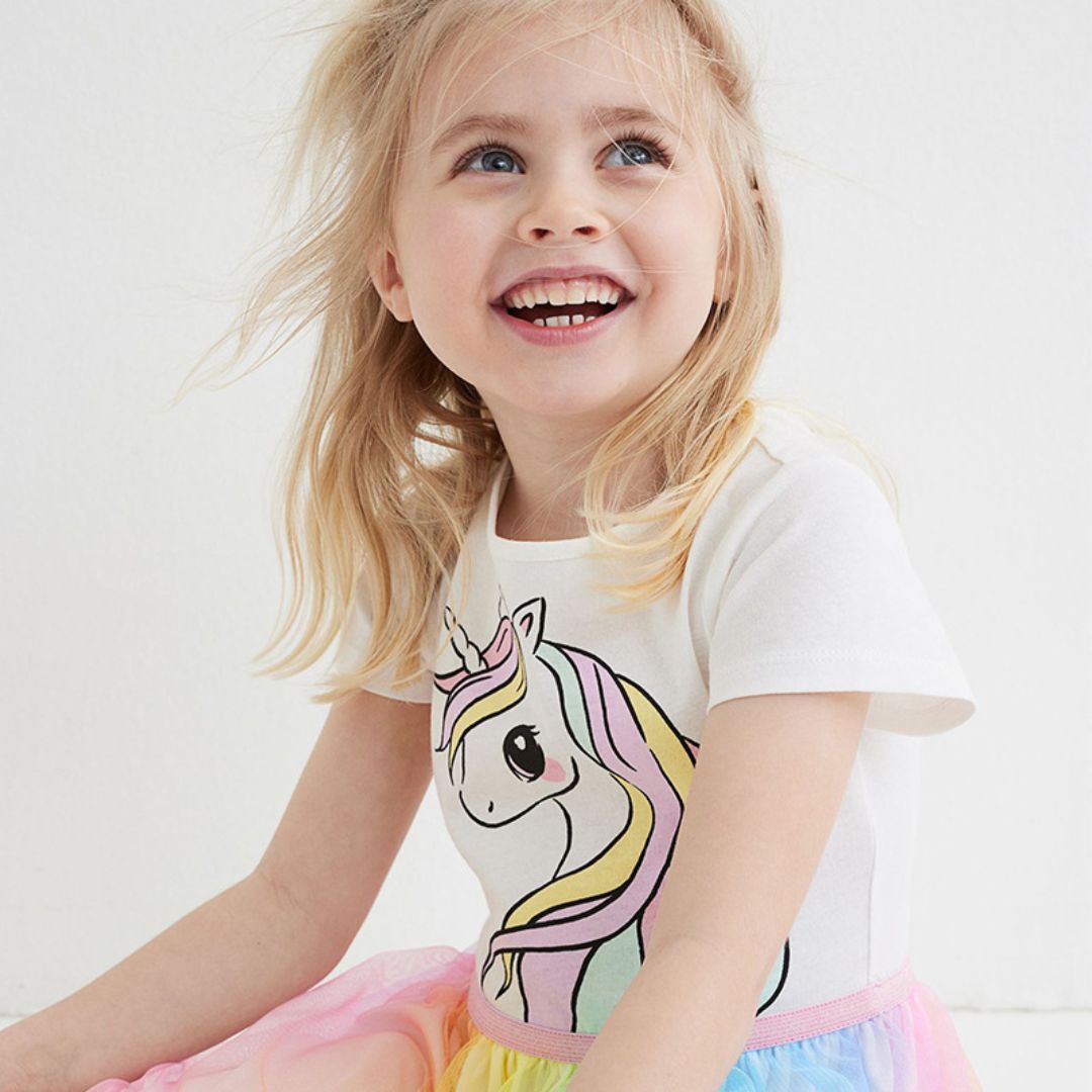 Kurzarm Kleid mit Regenbogentüll 'Einhorn'