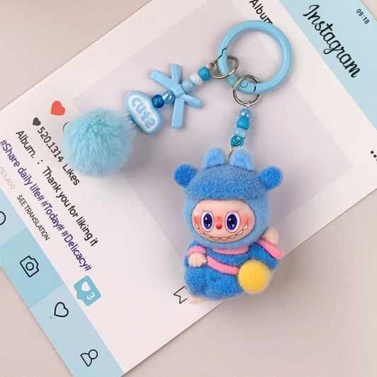 Labubu inspirierter Schlüsselanhänger 'CHILL' Pompon blau