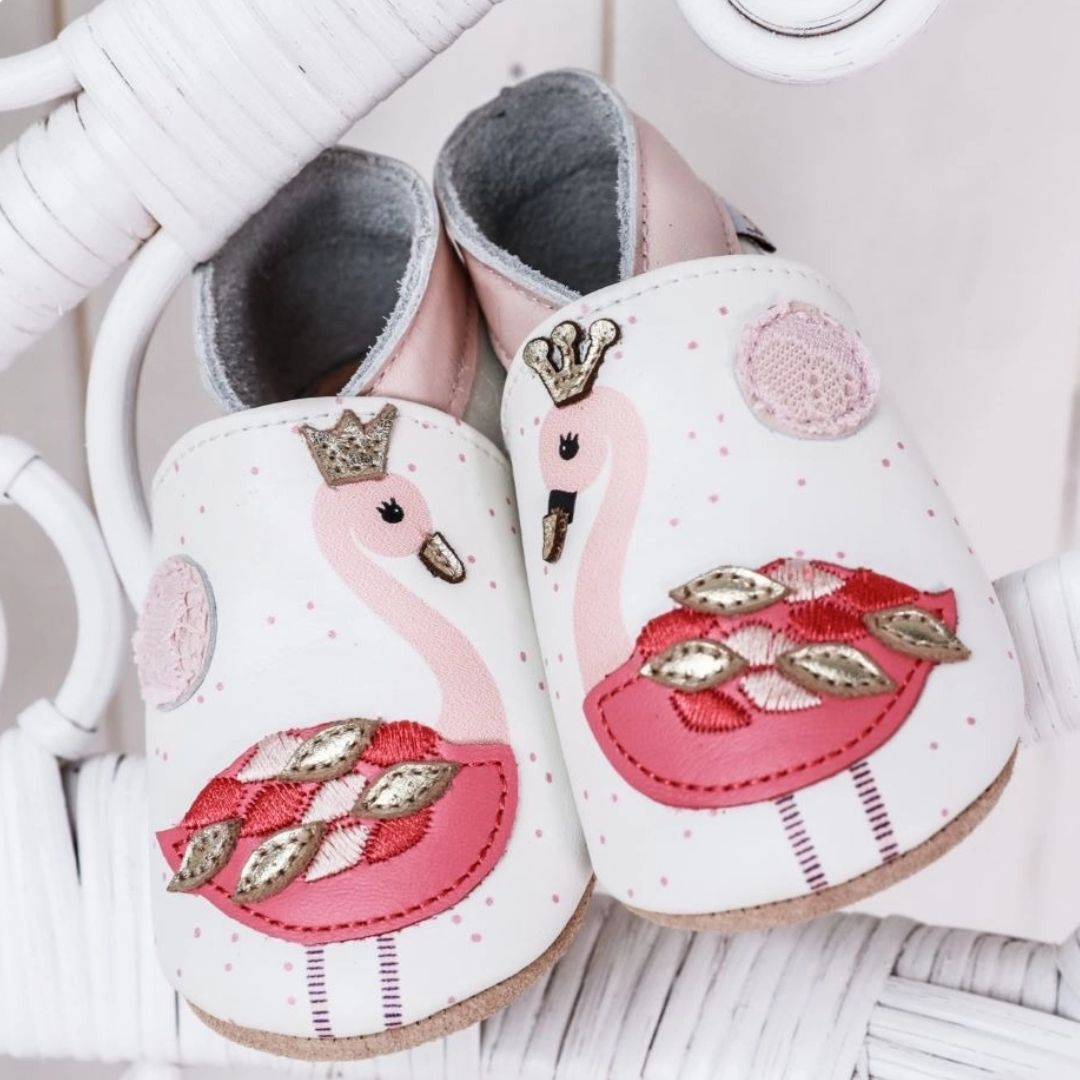 Kinder Hausschuhe aus Leder mit Flamingomotiv