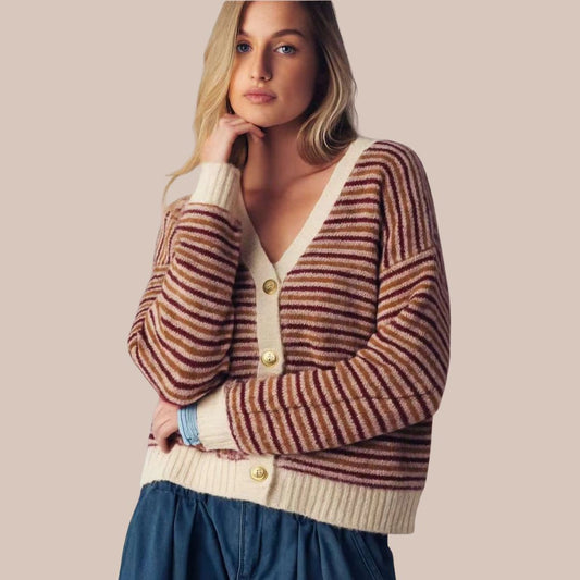 Mehrfarbige gestreifte Damen Strickjacke mit Knöpfen