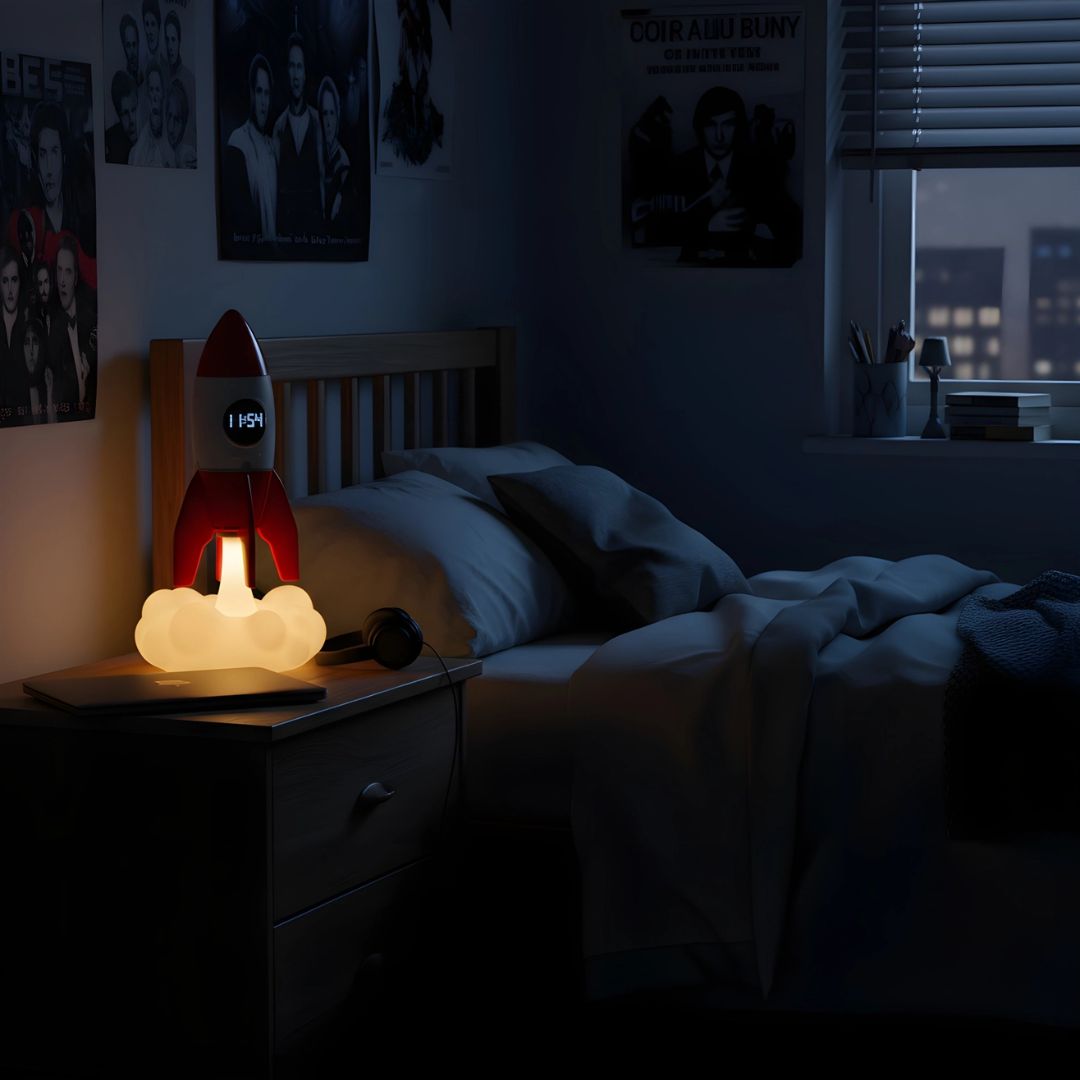 Rakete 3-in-1 Nachttischlampe Digitaluhr & Deckenprojektor