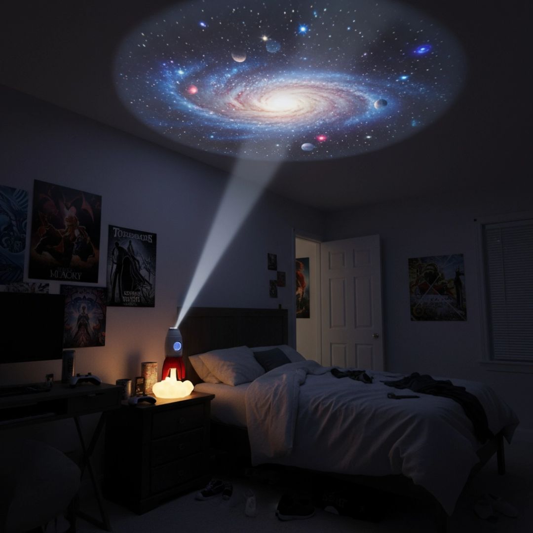 Rakete 3-in-1 Nachttischlampe Digitaluhr & Deckenprojektor