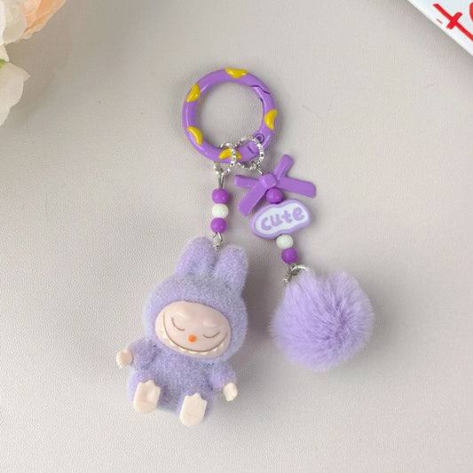 Niedlicher Labubu inspirierter Schlüsselanhänger Pompon/lila