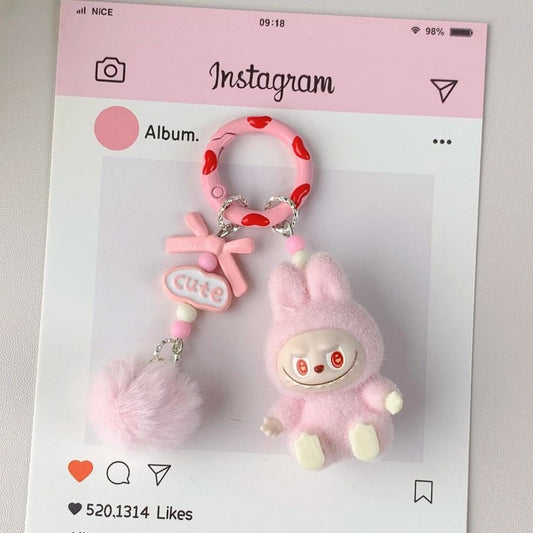 Niedlicher Labubu inspirierter Schlüsselanhänger Pompon/rosa