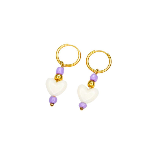 Ohrringe Creolen Elfenbeinherzen lila