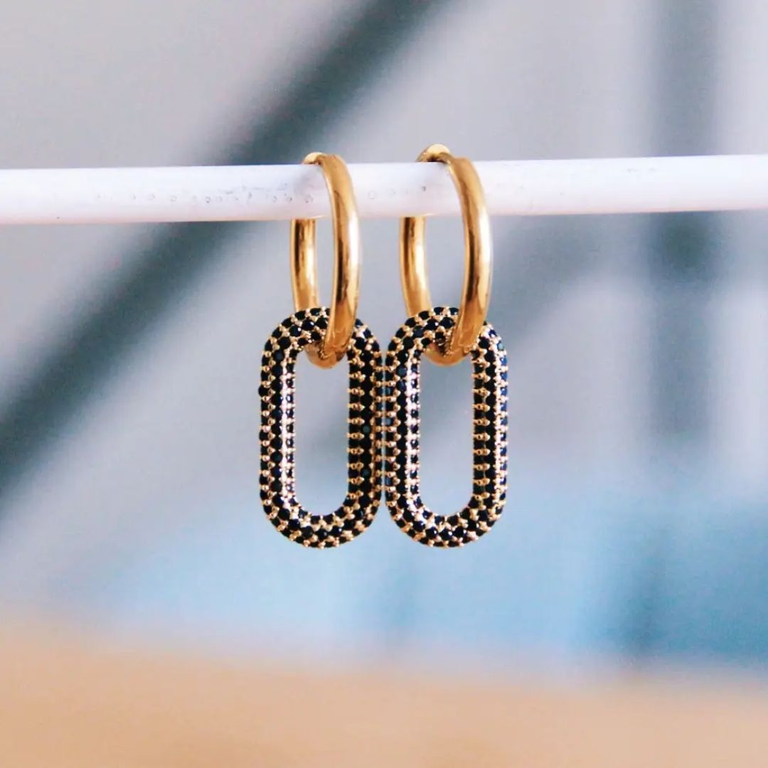 Damen Ohrringe ovale Kristallanhänger schwarz