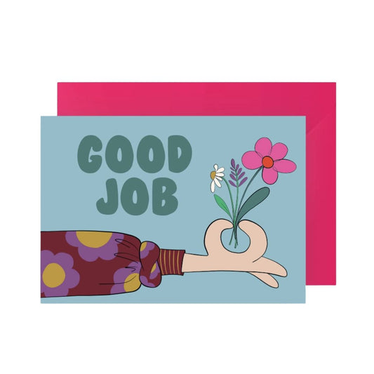 Postkarte mit Umschlag 'Good Job' blau/pink Querformat
