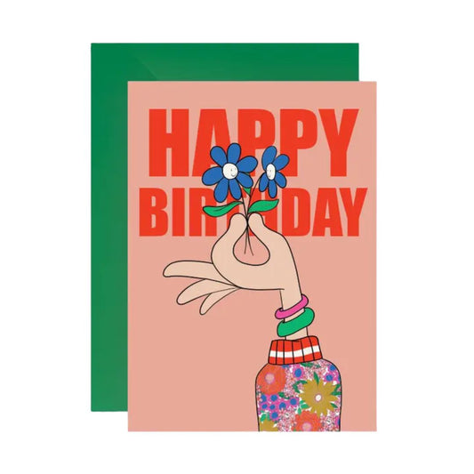 Postkarte mit Umschlag 'Happy Birthday Hand' rosa/grün Hochformat