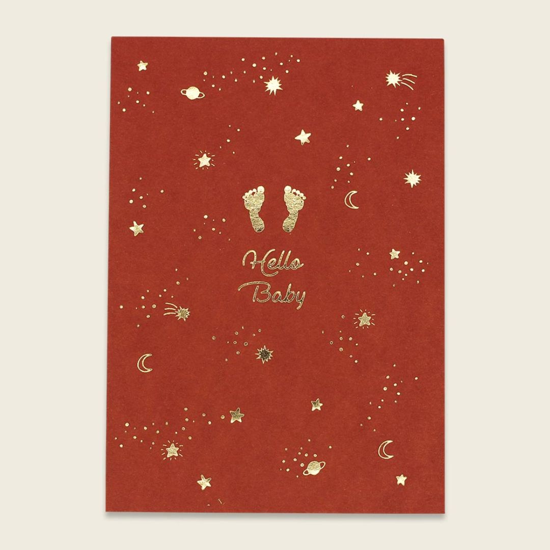 Postkarte 'Hello Baby' rost mit Goldfolie