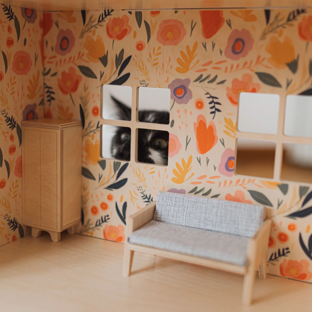 Dreistöckiges Holzpuppenhaus | Modernes Puppenhaus natur/flowers