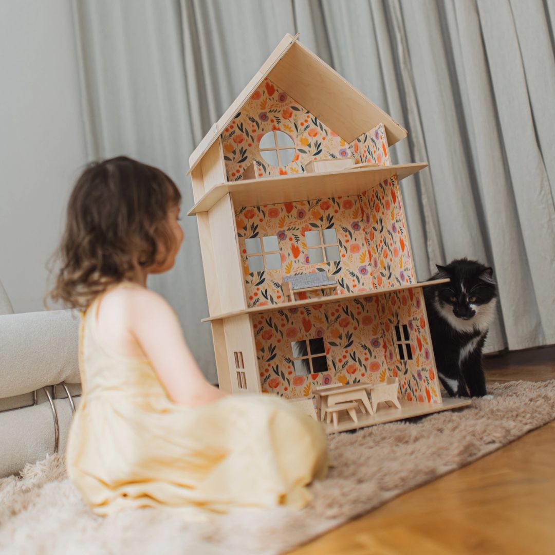 Dreistöckiges Holzpuppenhaus | Modernes Puppenhaus natur/flowers