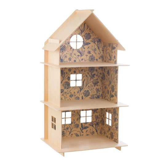 Dreistöckiges Holzpuppenhaus | Modernes Puppenhaus natur/petrol