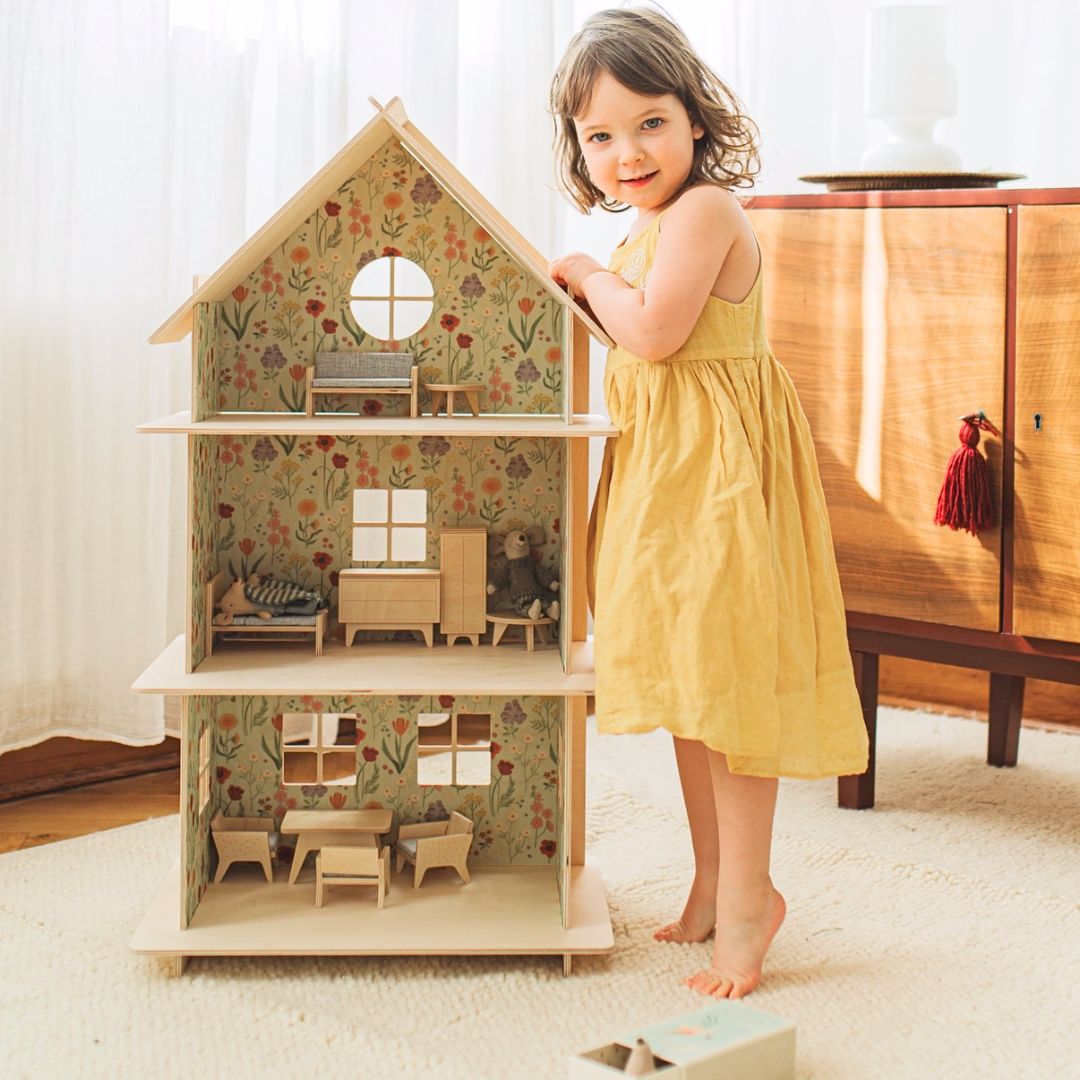 Dreistöckiges Holzpuppenhaus | Modernes Puppenhaus flowerfield