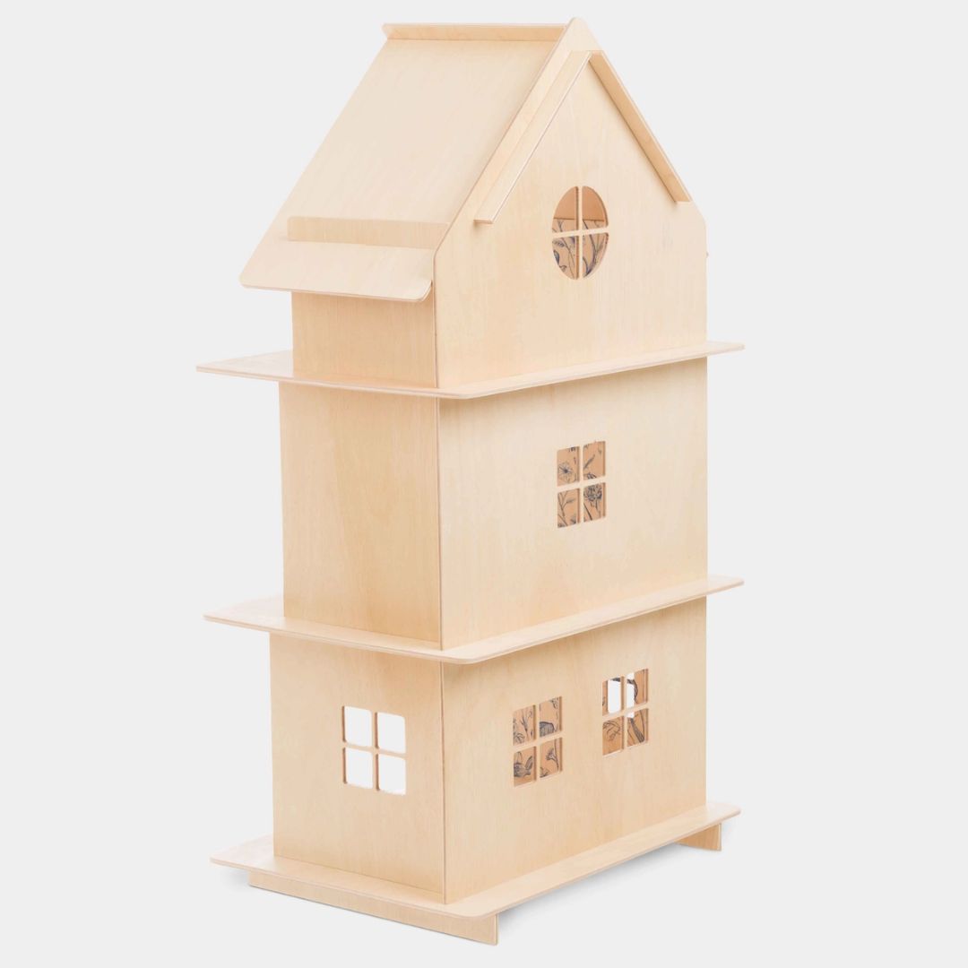Dreistöckiges Holzpuppenhaus | Modernes Puppenhaus natur/petrol