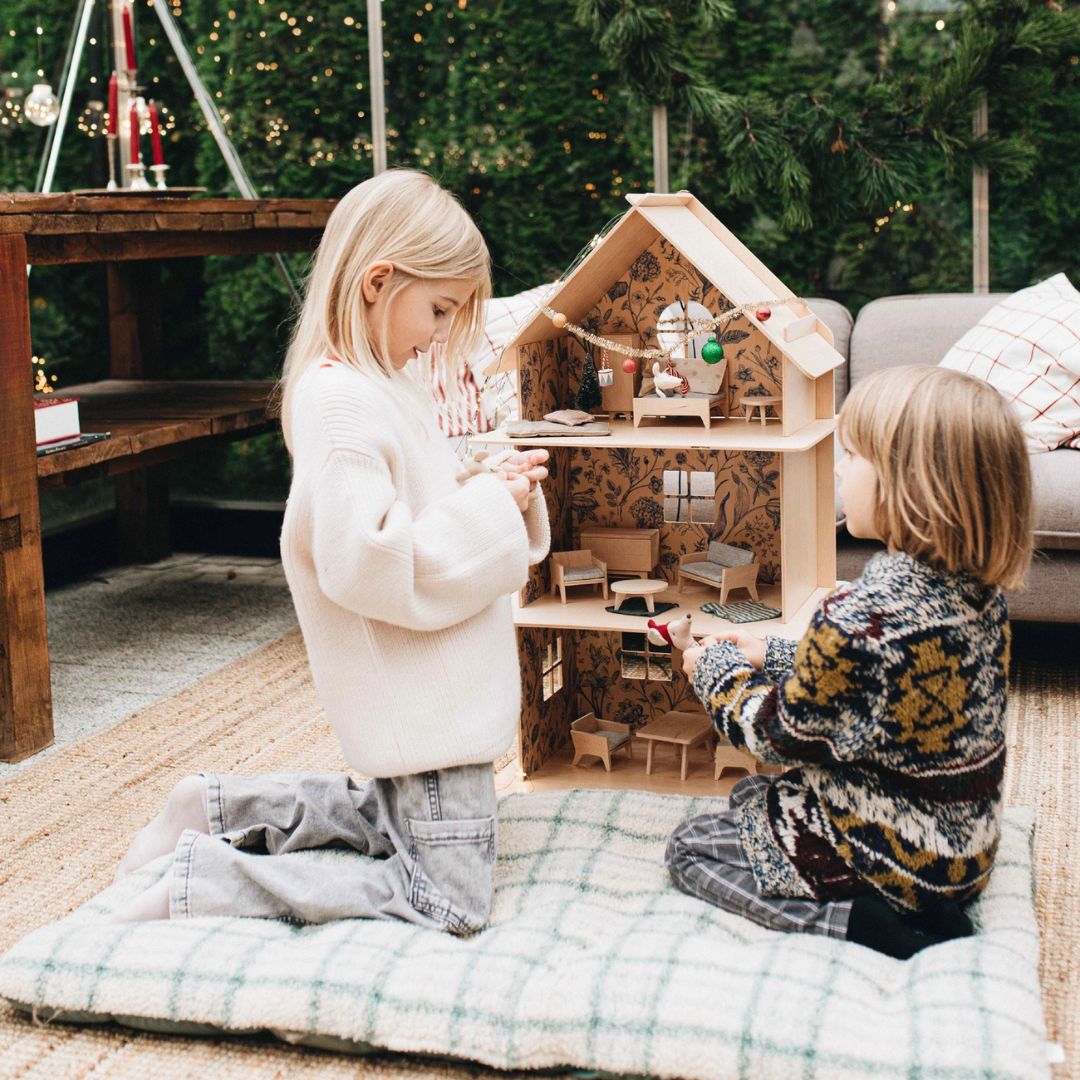 Dreistöckiges Holzpuppenhaus | Modernes Puppenhaus natur/petrol