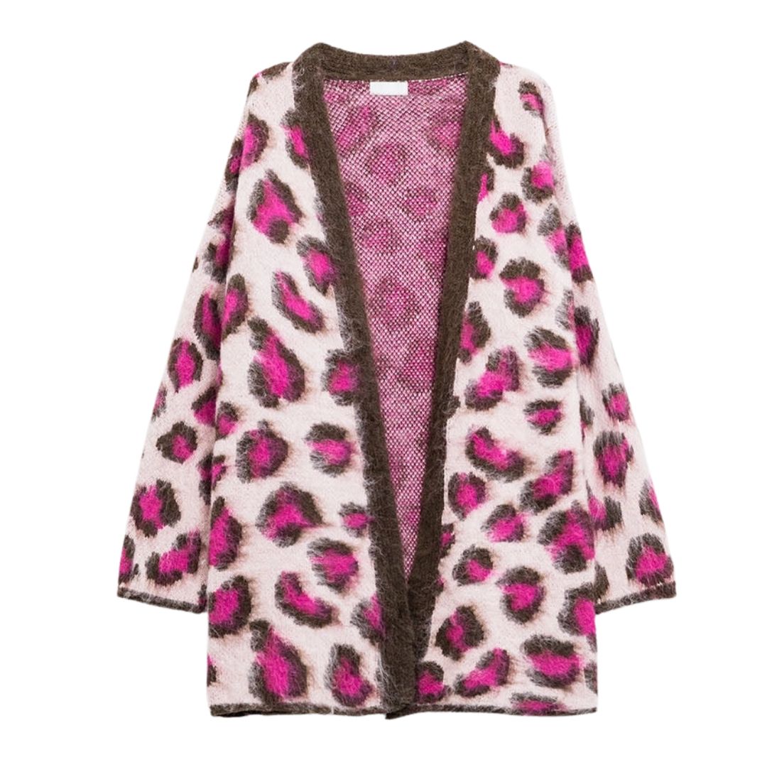 Rosa Leopardenmuster-Cardigan mit Wolle