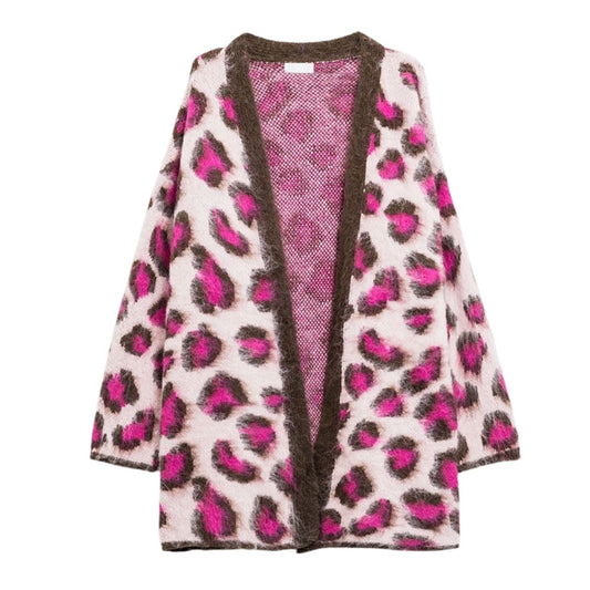 Rosa Leopardenmuster-Cardigan mit Wolle