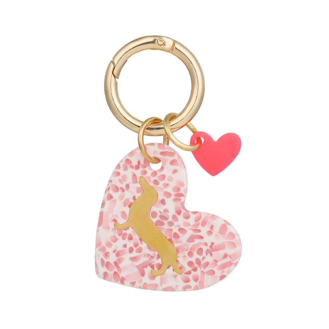 Herzförmiger Schlüsselanhänger 'Dackel' rosa/leo