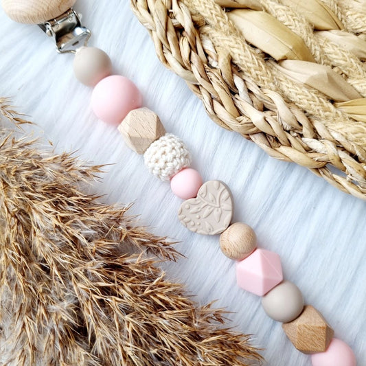 Schnullerkette 'Heart' rosa/beige