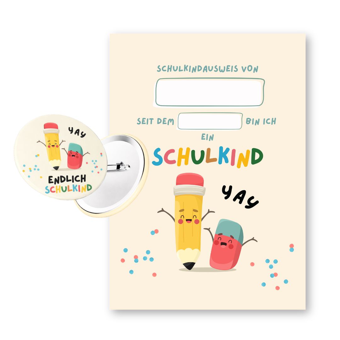 Schulkindausweis 'Endlich Schulkind Yay' mit Abzeichen