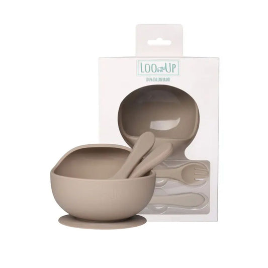 Silikonschale mit Saugnapf und Besteck 'Prima Pappa Set' beige