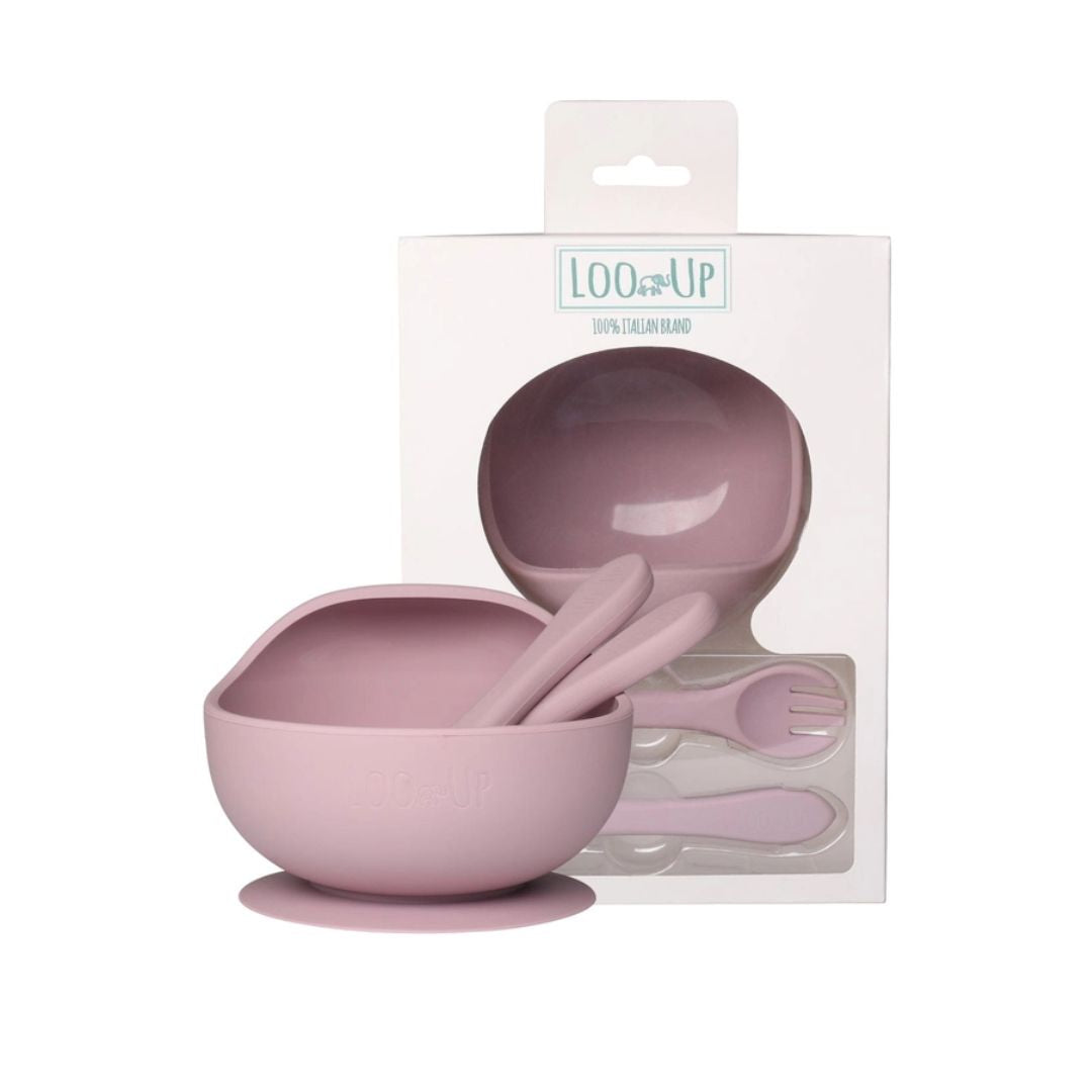 Silikonschale mit Saugnapf und Besteck 'Prima Pappa Set' rosa