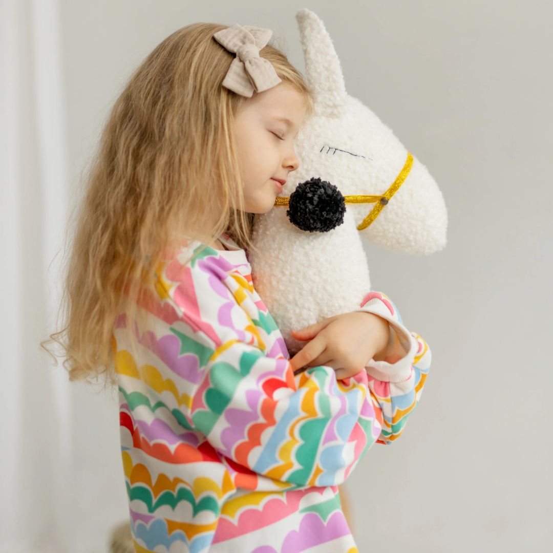 handgemachtes Steckenpferd 'Llama Alpaca' aus Leinen ecru